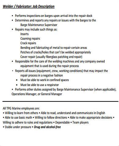 welding and fabrication job description